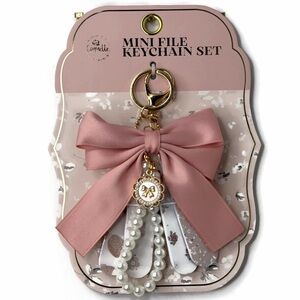 Pink Bow Faux Pearl Bag Charm and Mini File Keychain Set